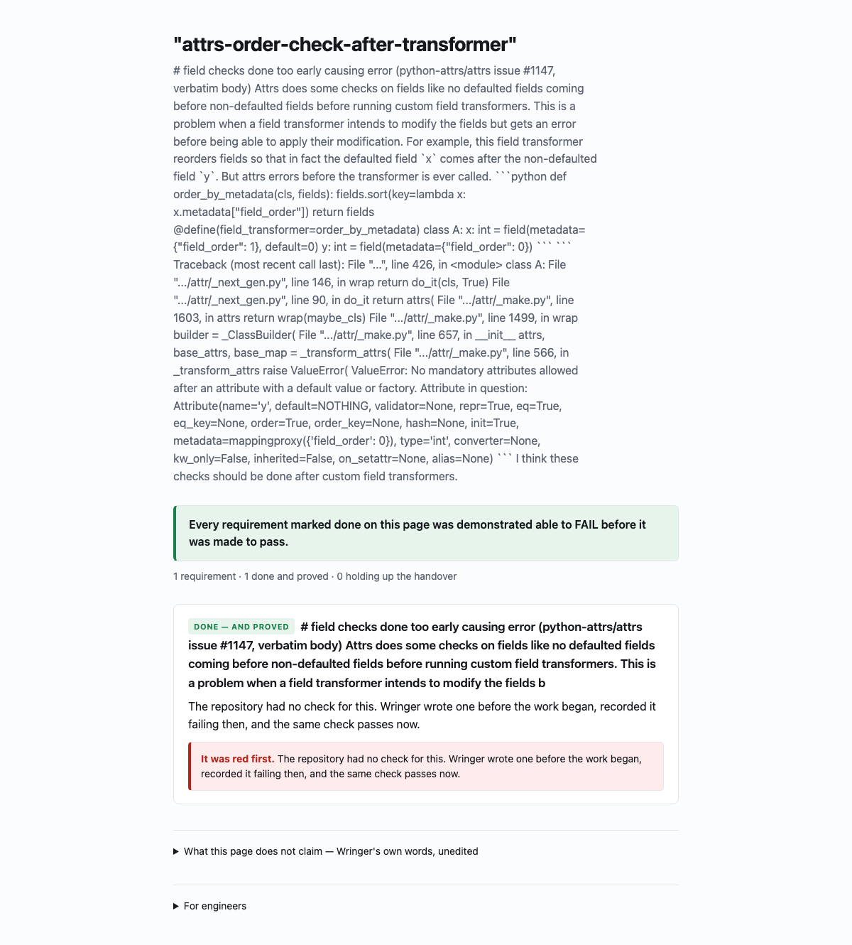 A board page: one card reading DONE — AND PROVED, above it the earned promise that every requirement marked done on this page was demonstrated able to FAIL before it was made to pass, and inside the card a red-bordered box reading "It was red first."